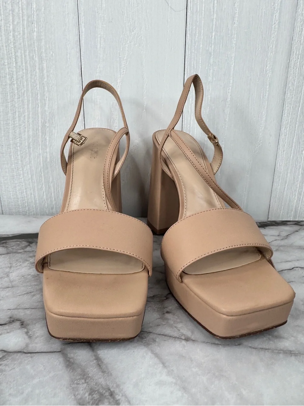 Open Edit Neutral Tan Platform Block Heel Slingback Sandals 8.5